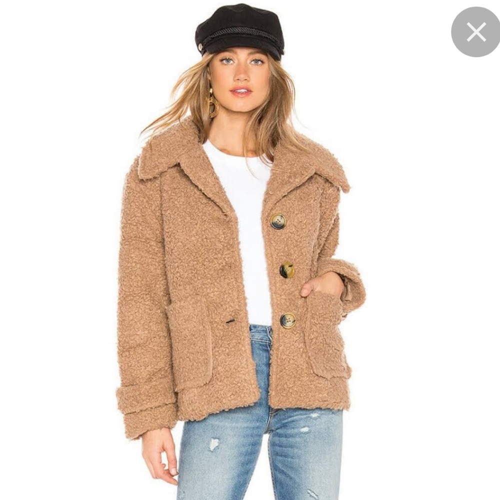 Free People So Soft Cozy Peacoat Teddy Sherpa Coat in Camel/Brown Small